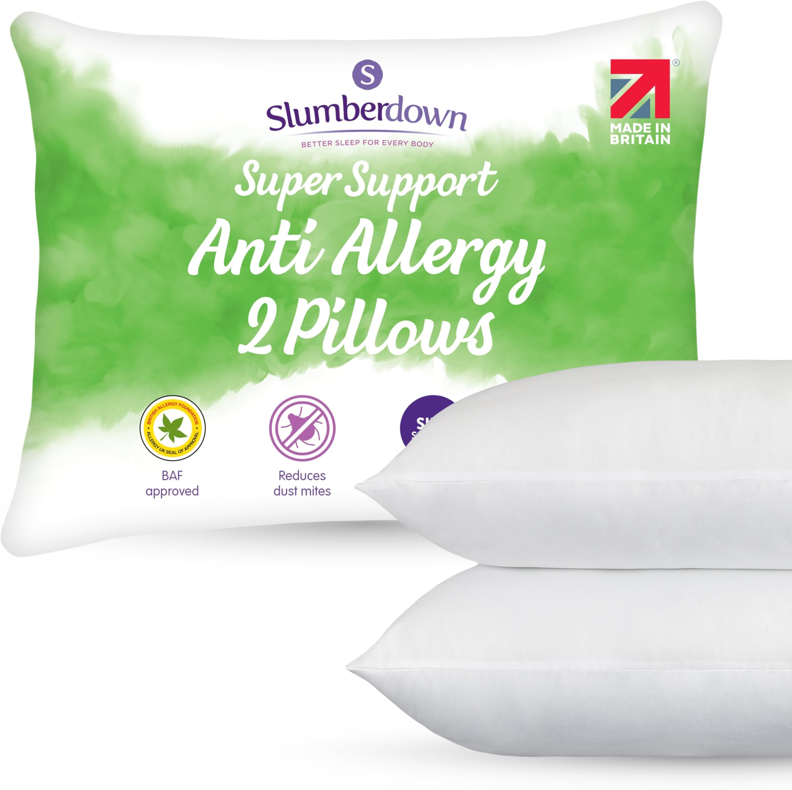 Anti-Allergy Super Support Pillows - 2 Pack Dust-mite Resistant Firm Bed Pillow Neck Back Shoulder Pain Relief Side Sleeper - Anti Bacterial, Comfortable, UK Standard Size (48cm x 74cm)