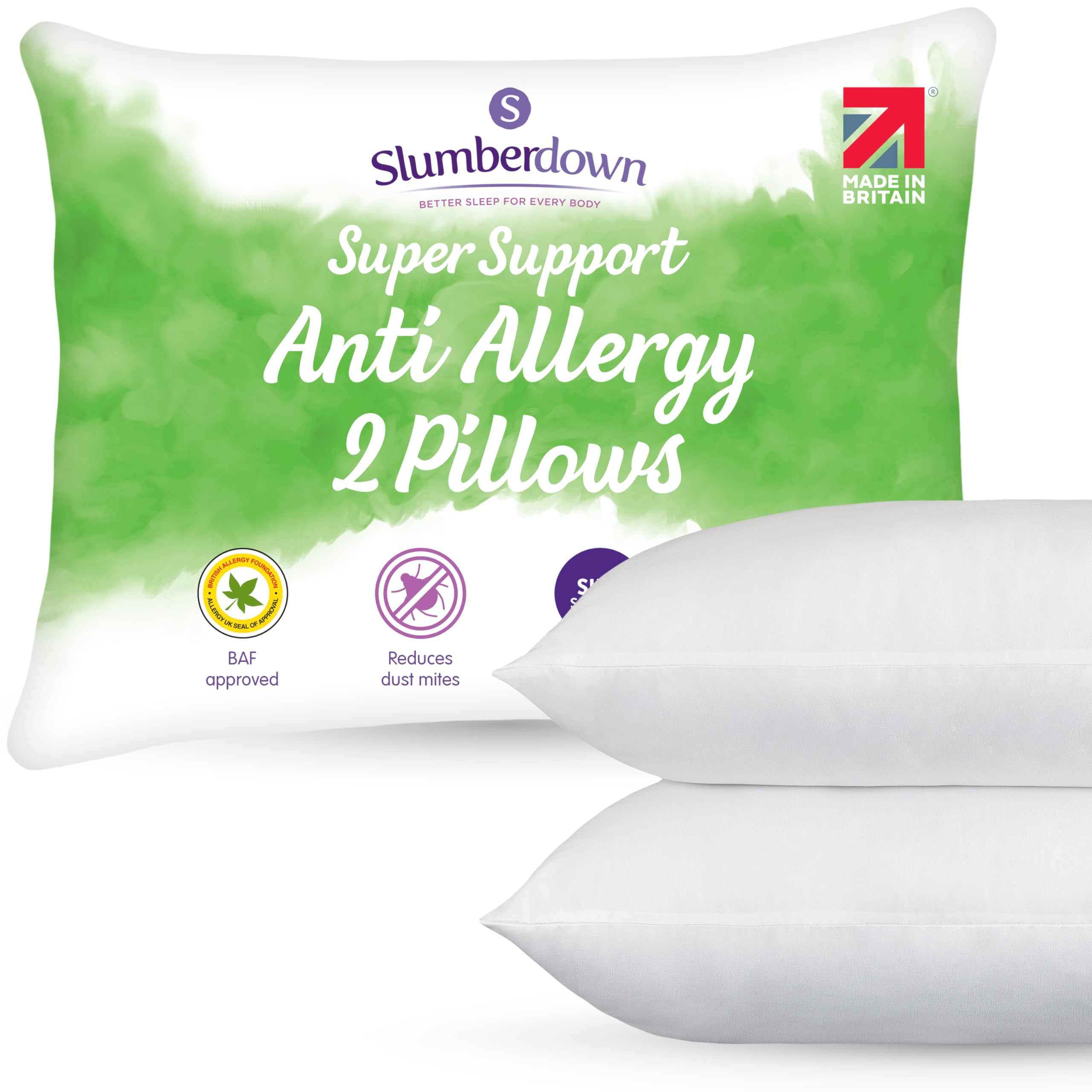 SlumberdownAnti-Allergy Super Support Pillows - 2 Pack Dust-mite Resistant Firm Bed Pillow Neck Back Shoulder Pain Relief Side Sleeper - Anti Bacterial, Comfortable, UK Standard Size (48cm x 74cm)