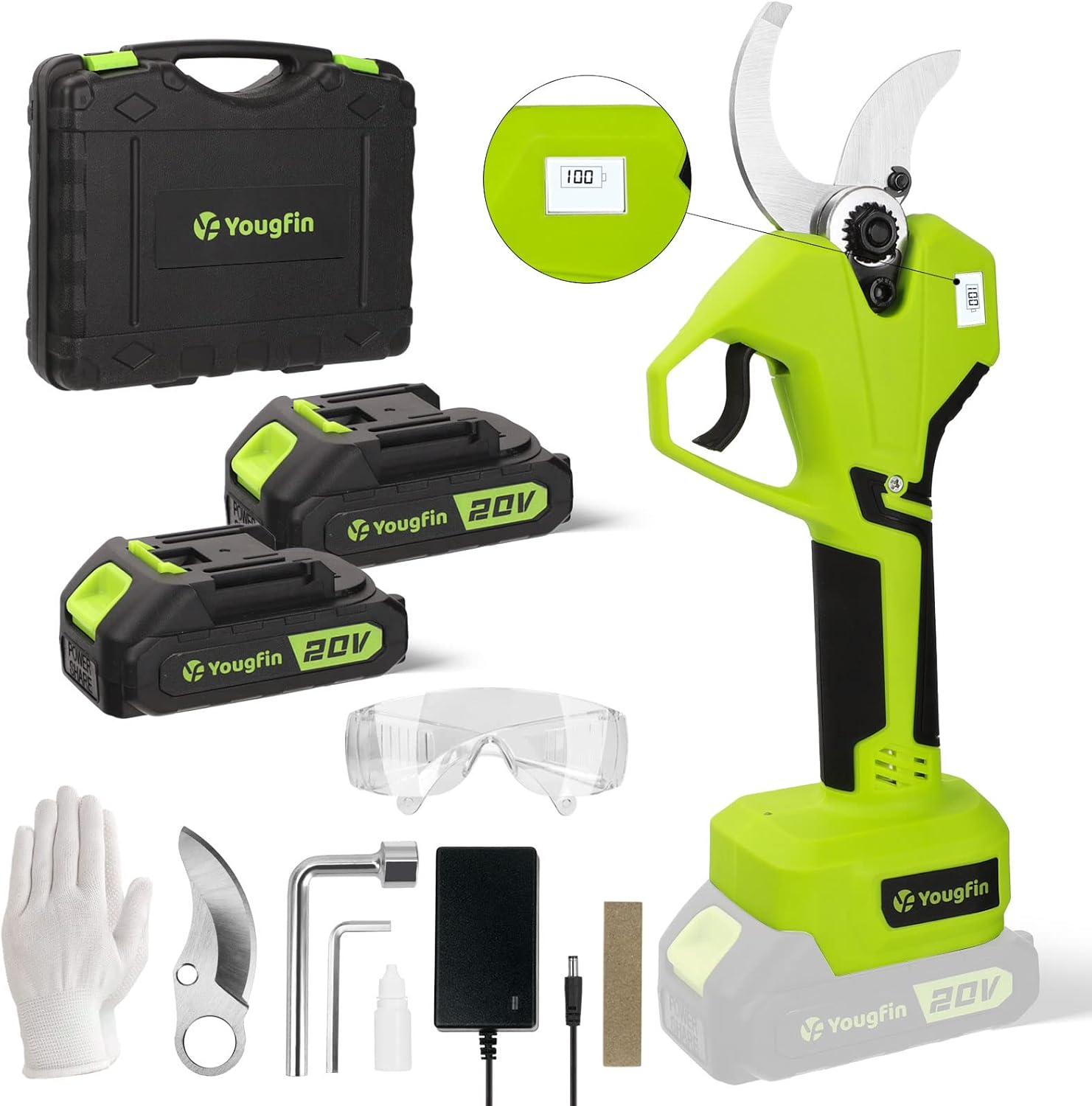 YOUGFIN Electric Pruning Shears 40mm (1.6 inch), Cordless Pruner Heavy Duty with LCD Display, 20V Power Scissors Brushless for Gardening, Battery Pruning Shears with SK5 Blades (2 * 2.0Ah)