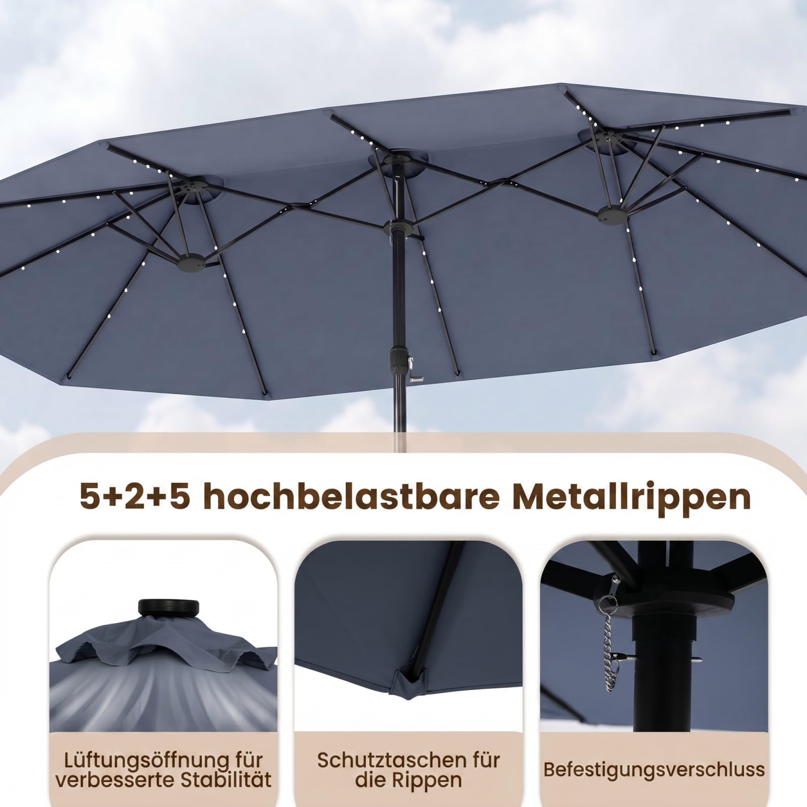 COSTWAY Doppelsonnenschirm mit Ständer und LED-Solar-Beleuchtung, 450 x 260 cm, Sonnenschirm Groß XXL, UPF 50+, Gartenschirm mit Kurbel, Terrassenschirm, Marktschirm für Garten, Terrasse, Grau