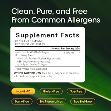 NatureBell Hyaluronic Acid 2,000mg with Collagen & MSM - 240 Capsules - Skin Hydration, Hair, Nail & Joint Support - Water Soluble Formula for Easy Absorption* - Non-GMO & Gluten-Free