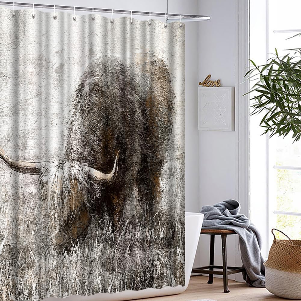 Western South Shower Curtain Longhorn Print Rustic Bathroom Decor with 12 Hooks 72x72 Inches