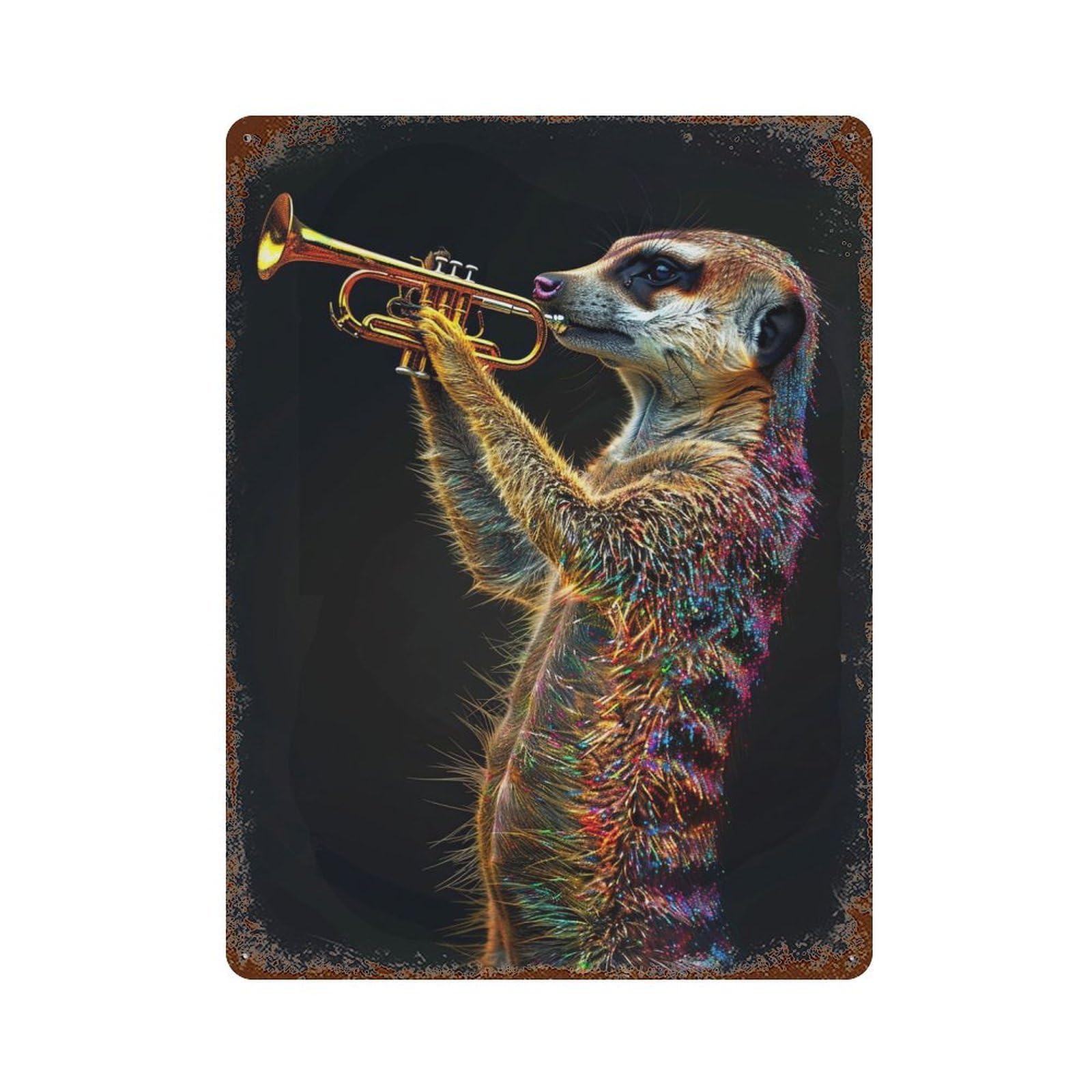 Garage Style Meerkat Trumpet Rust Effect Tin Sign 15.7"x11.8", Classic Wall Plaque for Bar And Workshop