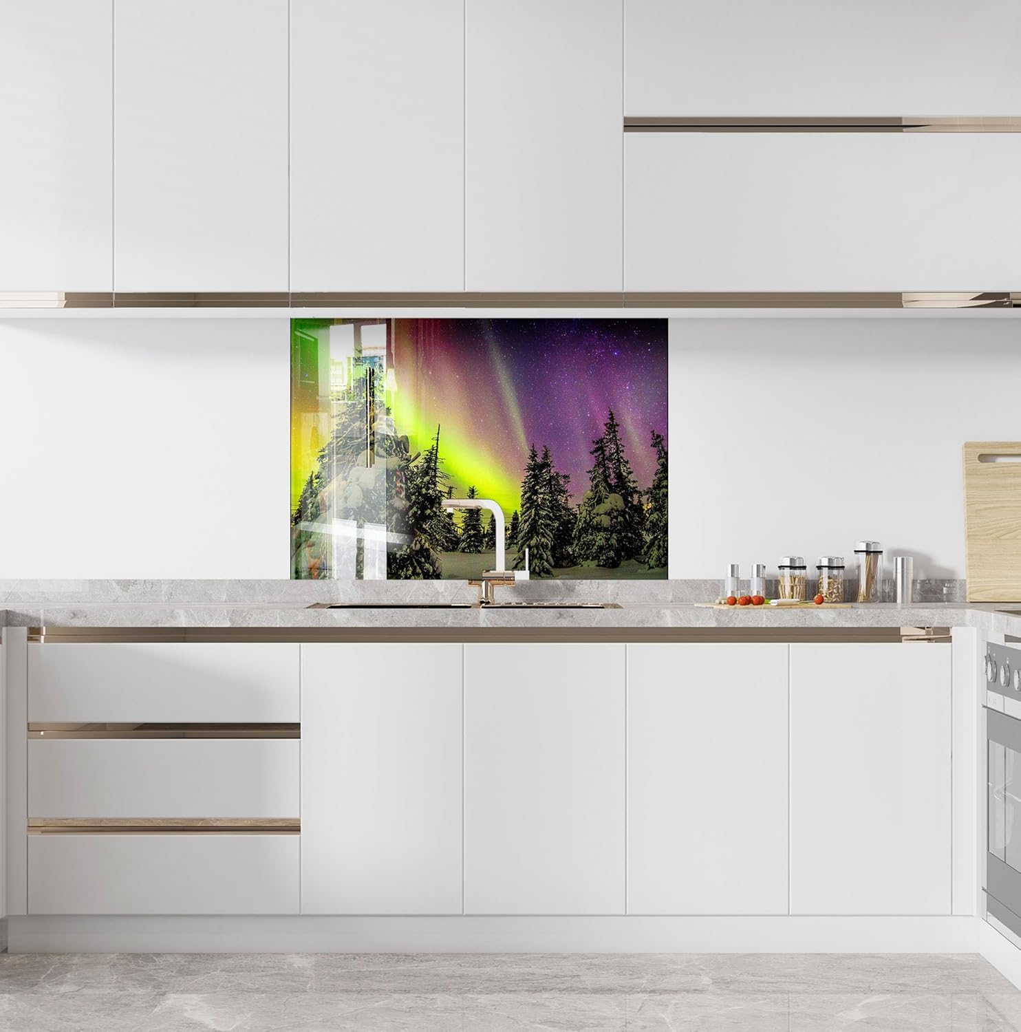 Myphotostation.com 12x12''Tempered Glass Backsplash Tile Kitchen Backsplash Tiles Cooker Panel Waterproof Aurora Borealis Kitchen Wall Decor Northern Lights Splashback