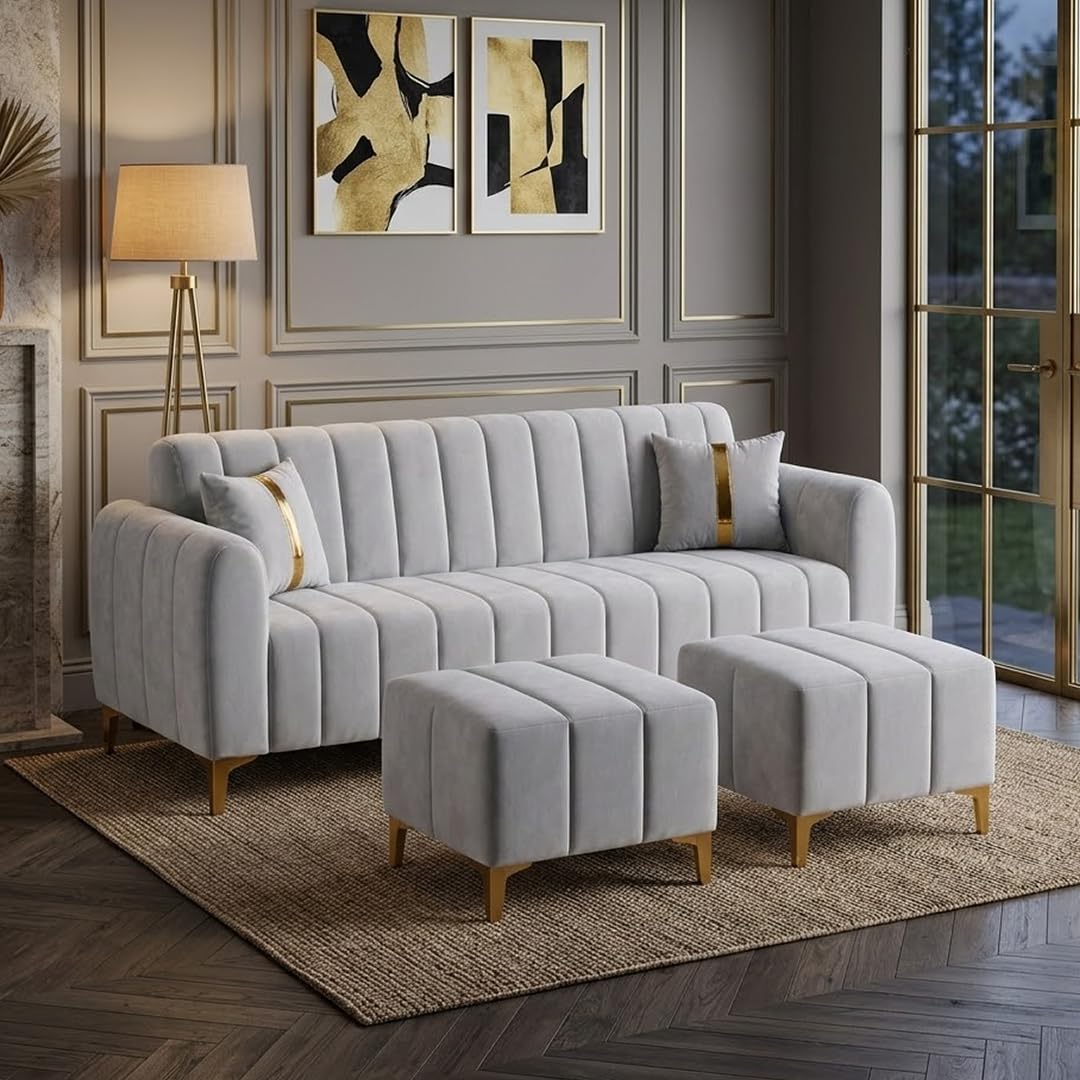 FURNY Harmony 5 Seater L Shape Sofa Set with 2 Movable Ottoman & Golden Legs | Flexible Left or Right Layout | Plush Velvet Fabric (Light Grey) | Perfect for Living Room, Guest Room & Office