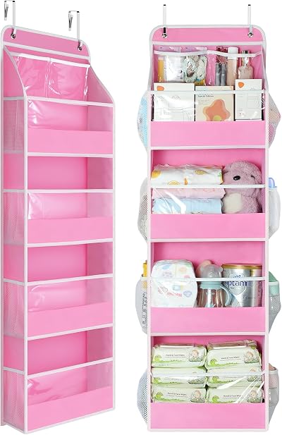 Yecaye 5 Tier 1Pc Over the Door Organizer with Clear PVC Windows, Pink