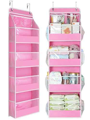 Yecaye 5 Tier Over the Door Organizer, Swing-proof Door Organizer Hanging with Clear PVC Windows, Behind the Door Storage for Bedroom Nursery Closet Laundry Pantry Bathroom, Pink