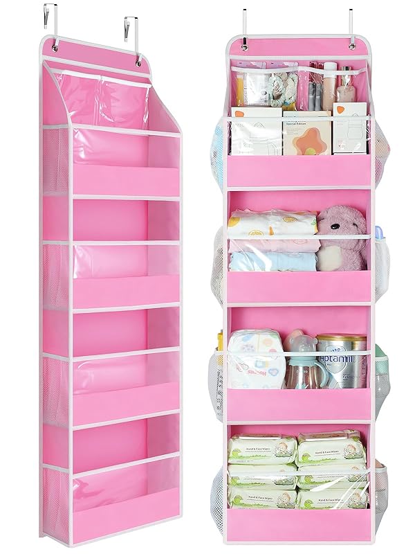 Yecaye 5 Tier Over the Door Organizer, Swing-proof Door Organizer Hanging with Clear PVC Windows, Behind the Door Storage for Bedroom Nursery Closet Laundry Pantry Bathroom, Bubblegum Pink by Yecaye - Used condition - US$14.14