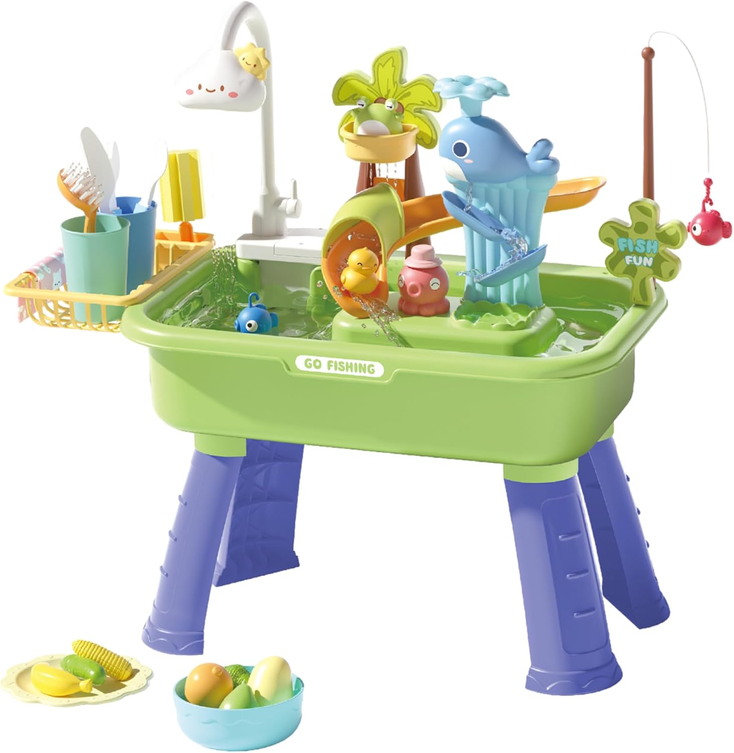Kids Water Table Electric Play Sink with Running Water & Removable Table Legs Educational Play Sink with 180° Rotating Faucet for Kids, Park, Nursery, Garden, Green Toys and Games