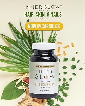 Inner Glow Advanced Hair, Skin & Nails Vitamins Doctor-Developed Hair Supplement with Biotin, Collagen Peptides, Vitamin D & B12 Clinically Tested 12-Week Results, Made in USA, Non-GMO