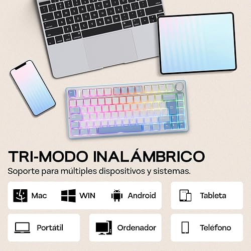 EPOMAKER Aula F75 ISO-ES Tastiera Meccanica Spagnolo con Maniglia, Tastiera Wireless Gaming, BT/2.4G/USB, Gasket Cremoso, Retroilluminazione RGB, Hot-Swap, 75%, PBT Keycap (Blu sale marino) - 4