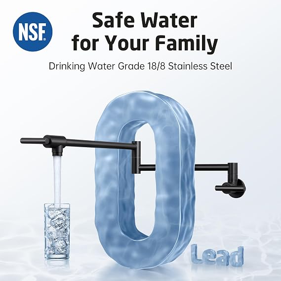 KES Pot Filler Faucet with Heat-Resistant Cartridge, 26 Black Pot Filler Over Stove, Wall Mount Kitchen Folding Faucet 360Swing Arm, No Lead Stainless Steel, NSF Certified, KN927LFF18-BK