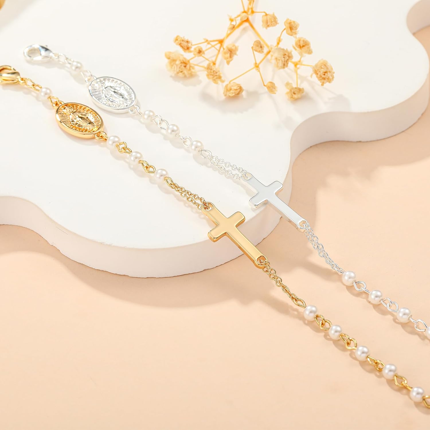 Catholic Bracelets Gifts for Women Girls, Simulated Pearl Rosary Beads Virgin Mary Cross Charm Bracelet Confirmation First Communion Baptism Religious Christian Jewelry Gift - Image 6