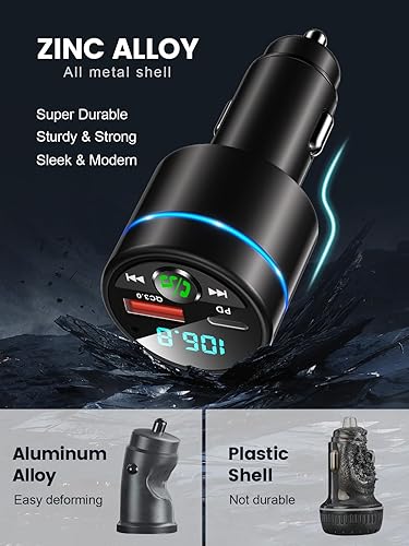 Miniatura 2 de Transmisor FM para automóvil Bluetooth 5.3, todo metálico PD 30 W y QC3.0 18 W cargador rápido para automóvil, radio FM inalámbrica, adaptador