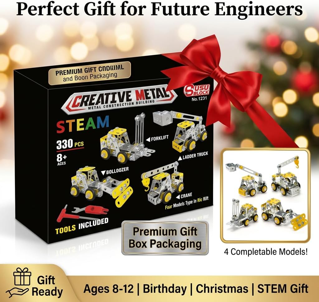 Erector Set for Boys Age 8-12,4 Mini Metal Model Set for Kids,Engineering Metal Building Kit,Learning Construction Truck Building Toys for Boys Age 8-12 DIY STEM Educational Gifts (330pcs)