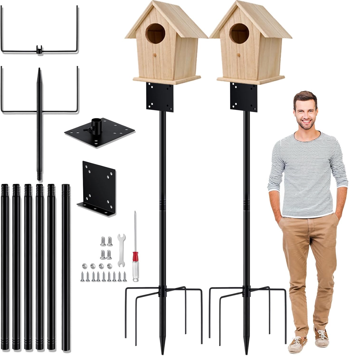 Juexica 2 Set Bird House Poles for Outdoors, 108 Inch/9ft Birdhouse Stands 5 Base Prongs Heavy Duty Adjustable Universal Mounting Pole for Bluebird Hummingbird Wild Birds(Bird House is Not Included)