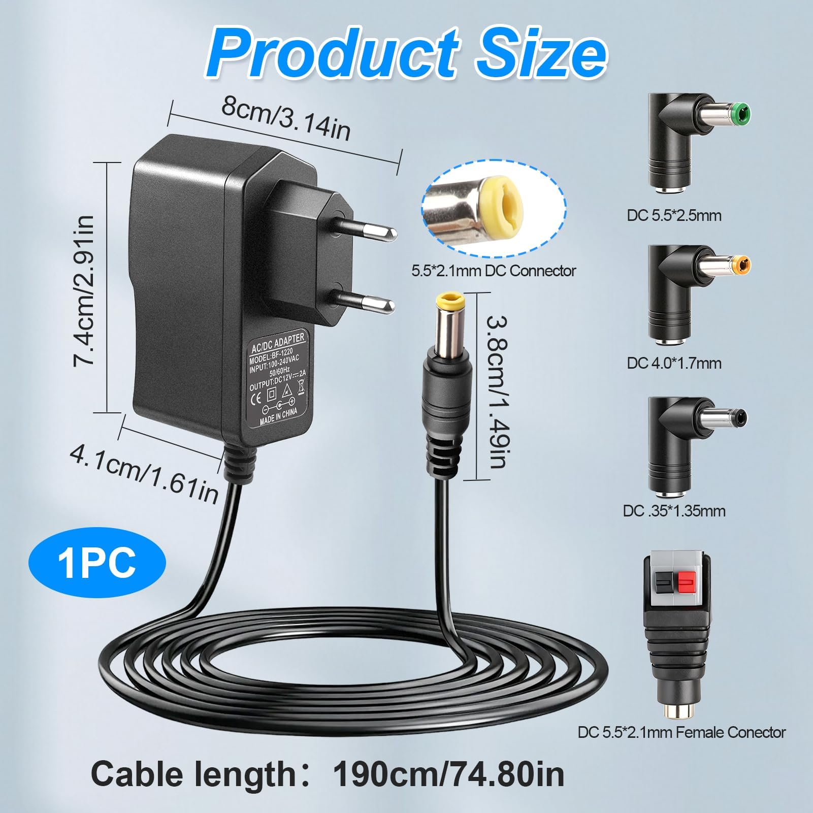 12V 2A 24W Transformador Fuente de Alimentación Universal 5,5x2,1 mm con 4 Enchufes 5,5x2,5mm, 4,0x1,7mm, 3,5x1,35mm y Conector LED, AC Cargador Alimentador Cable 2m para Router, Cámaras, Tiras LED — view 3