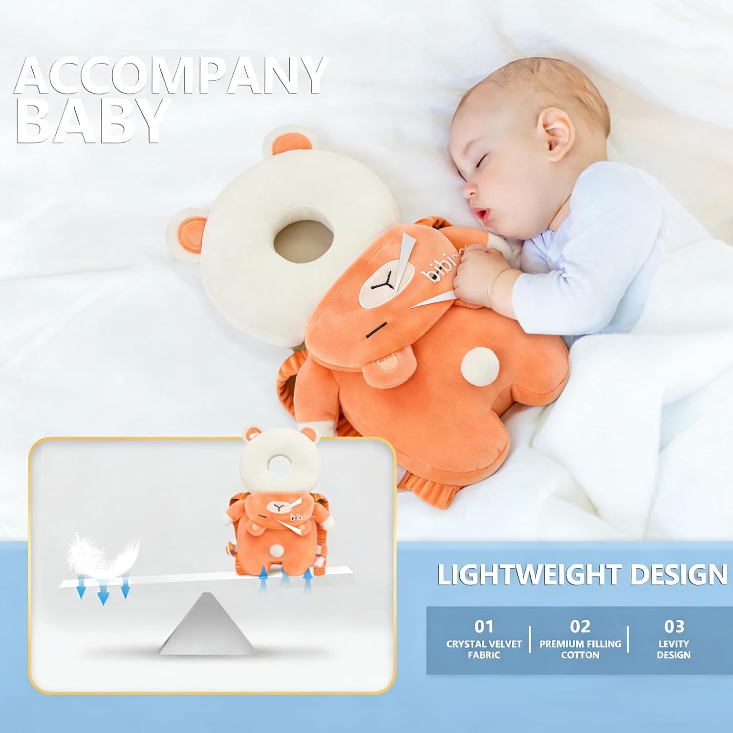 Baby Head Protector Backpack, Toddler Baby Head Protection Backpack with Baby Knee Pads Alarm Function for Walking & Crawling, Soft, Breathable and Wearing Safety Baby Head Protector (Orange Bear) image 5