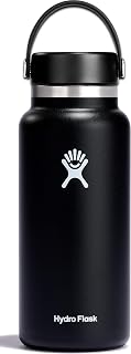 Water Bottle - Insulated Stainless Steel - Wide Mouth Flex Lid, Non Spill, Leakproof and Refillable in 32 Oz Black