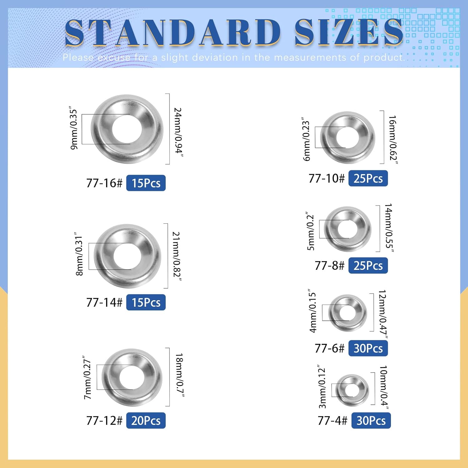 Glarks 160pcs 4#/6#/8#/10#/12#/14#/16# Silver Countersunk Finish Washers Kit, Stainless Steel Finish Cup Washer, Countersunk Gaskets for Industrial, Woodworking, Automotive Construction