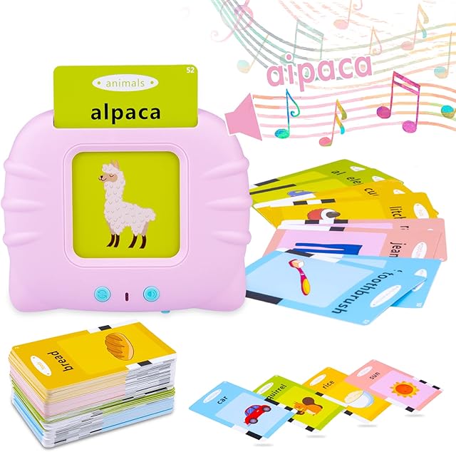 Coolzon Talking Flash Card for Toddlers Age 2 3 4, 112 Double-Sided 224 Words Preschool Learning Toys for 2-7 Years Old Toddlers Educational Toys for Toddlers Vocabulary and Spelling Skills, Pink