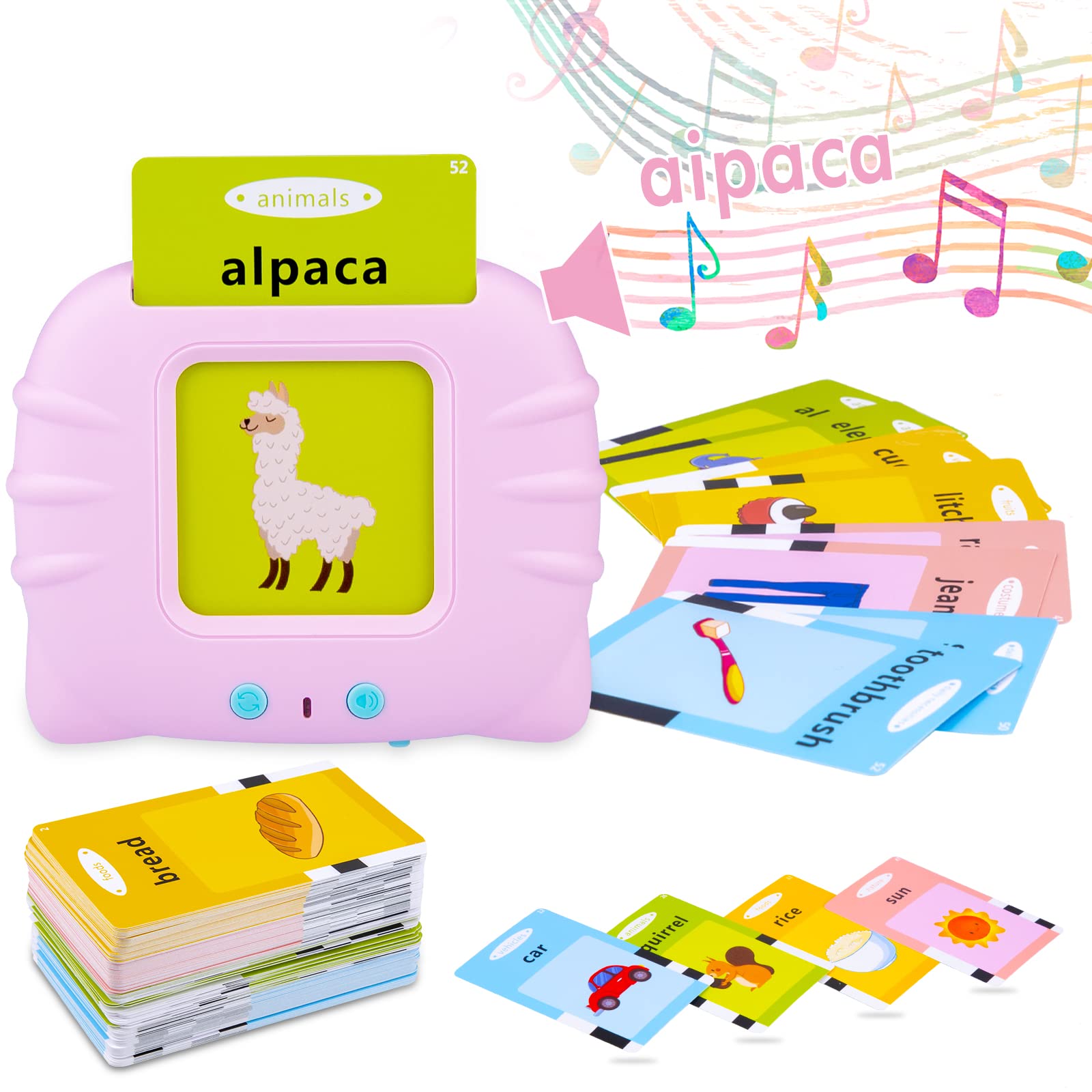 Coolzon Talking Flash Card for Toddlers Age 2 3 4, 112 Double-Sided 224 Words Preschool Learning Toys for 2-7 Years Old Toddlers Educational Toys for Toddlers Vocabulary and Spelling Skills, Pink