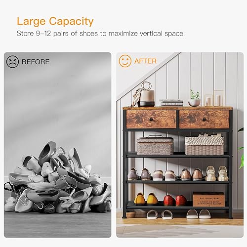 Miniatura 8 de usikey Zapatero, organizador de almacenamiento de zapatos de 4 niveles con 2 cajones, estante de zapatos de metal para 9-12 pares de zapatos, con 3
