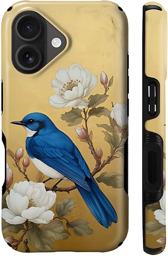 CARLOCA for iPhone 17 Compatible with Magsafe Full Body Protective Case for Girl Boy Shockproof Magnetic Charge Esthetics Pattern Elegant Gold Foil Blue Bird White Flowers