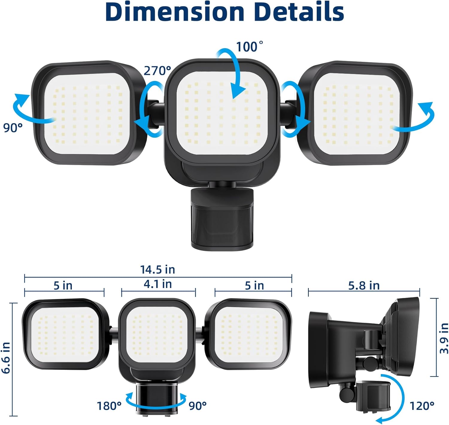 2PK LED Motion Sensor Outdoor Lights, 6500LM, 270° 72FT Detected Range, Dusk to Dawn, 5000K, IP65 Waterproof Flood Lights Outdoor, 3 Head Motion Detector Security Light for Garage,Yard
