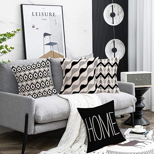 Miniatura 2 de Fukeen Home - Juego de 4 fundas de almohada geométricas decorativas modernas de 16 x 16 pulgadas, color negro, blanco, gris, flecha, rayas, ondas,
