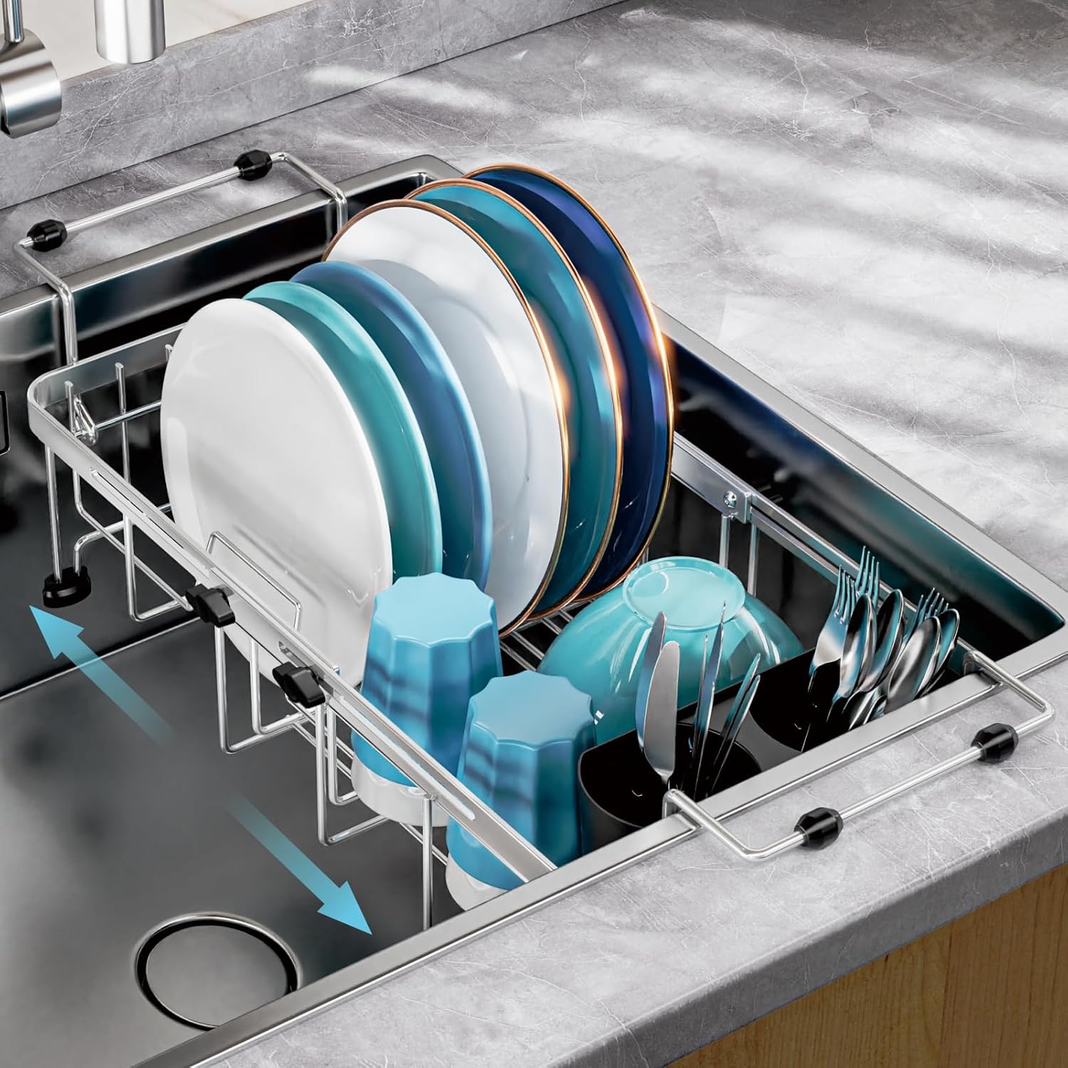 GSlife Small Sink Dish Drying Rack - 9" W Expandable Stainless Steel Compact Dish Drainer for RV, Apartment, Camper, Kitchen, Dish Strainer with Lock Knob, 11.9"-16.7" L, Silver