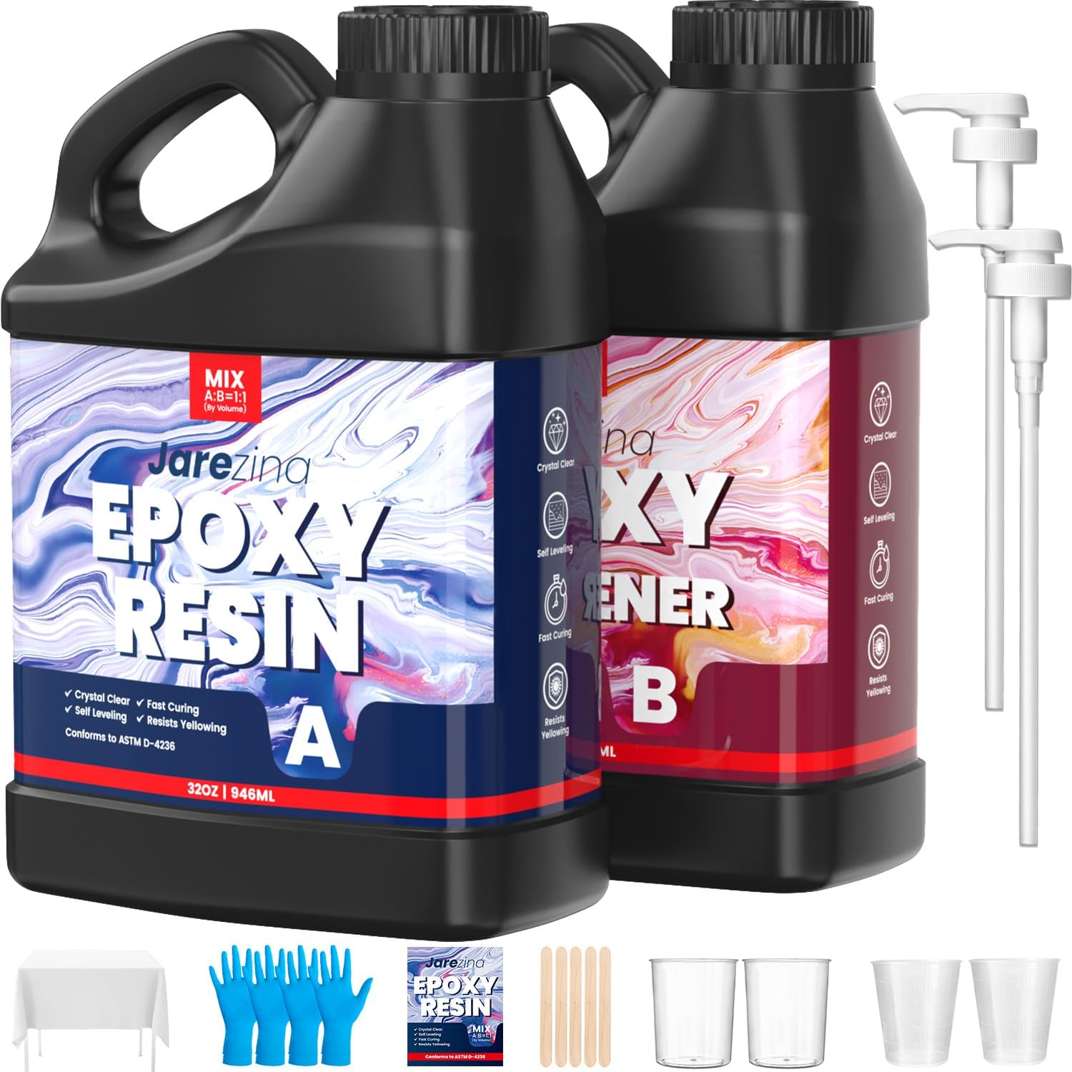 Jarezina Epoxy Resin Kit 64OZ,Crystal Clear Epoxy Resin-Strong and No Bubble,Not Yellowing,Self Leveling Easy Mix 1:1,Suitable for Art Casting,DIY,Jewelry Projects, Wood & Molds