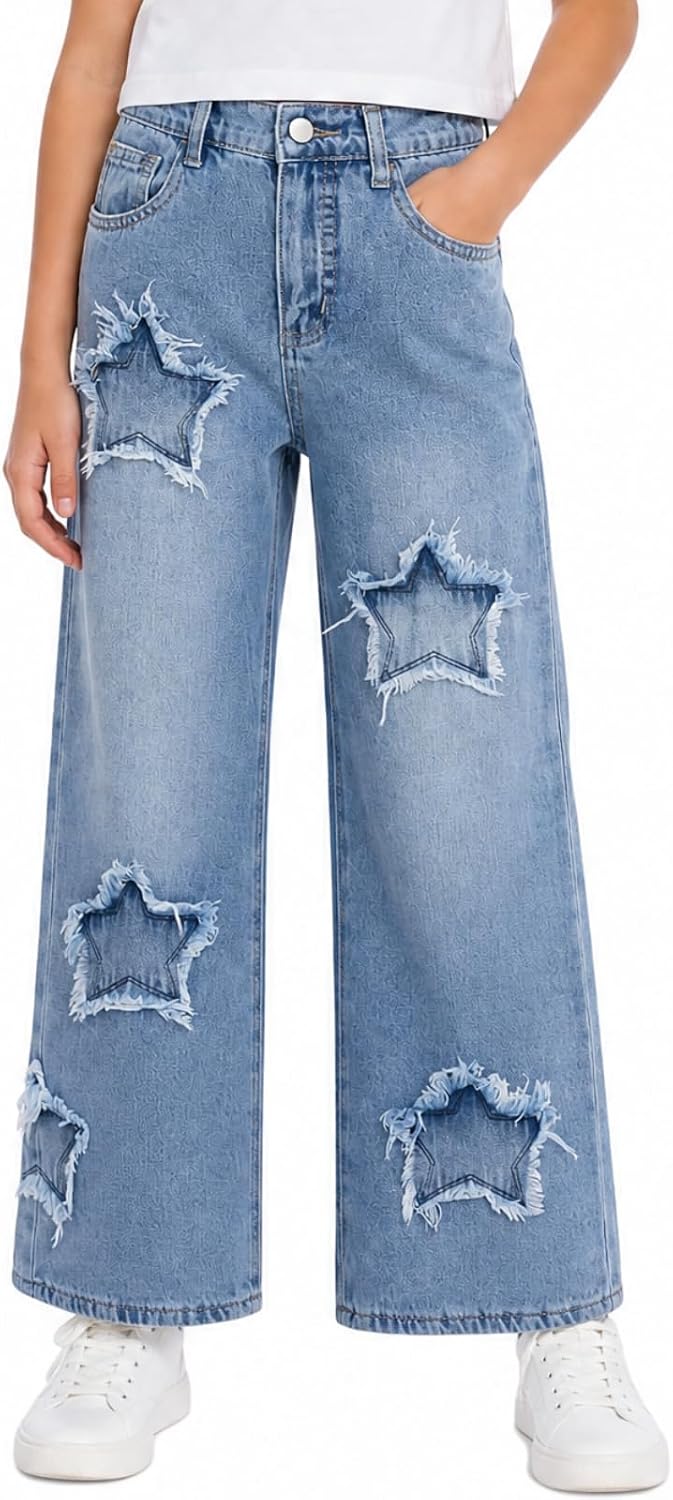 Girls Jeans Y2K Elastic Waist Baggy Wide Leg Jeans for Girls, High Elastic Waisted Loose Denim Pants for Teen Girls