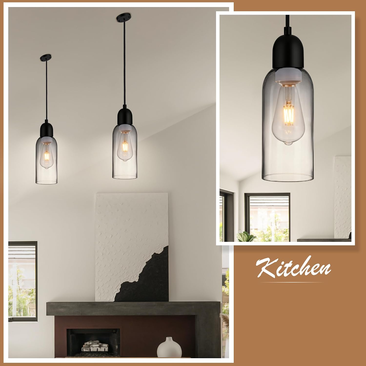 Modern Pendant Light, Smoked Gray Glass Cylinder Pendant Light Fixture with Matte Black Finish, Adjustable 48" Cord Hanging Lamp for Kitchen Island, Sink, Bar, Dining Room, Farmhouse, E26 Base