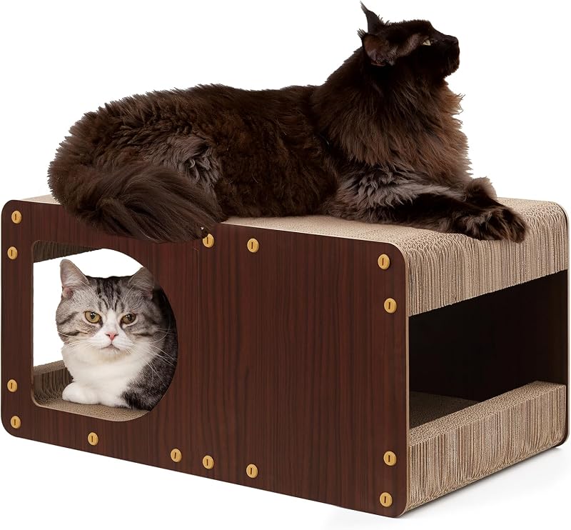 Arranhador para Gatos em Papelão com Casinha e Estrutura de Madeira EHEYCIGA, Marrom-Escuro, 58,42 x 33,02 x 28,96 cm