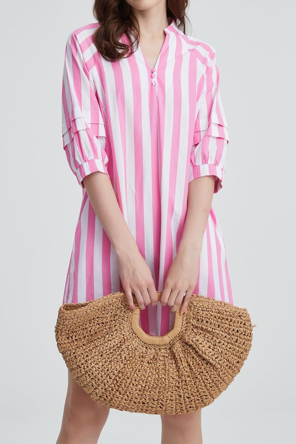 Womens Striped Mini Dress V Neck Casual Summer 3/4 Lantern Sleeves Loose Beach Tunic Shift Dresses - Image 5