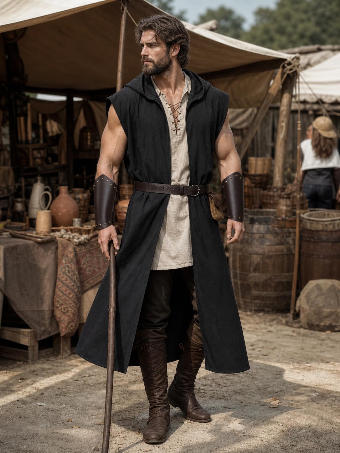 UQJE Mens Medieval Hooded Sleeveless Surcoat Faux Linen