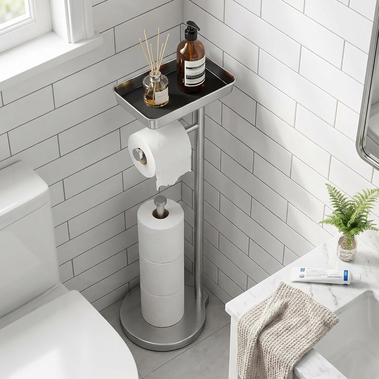 theaoo Toilet Paper Holder Stand with Shelf, Flushable Wipes Dispenser, Free Standing Toilet Tissue Roll Storage Rack Organizer for Bathroom (Silver, Free Standing - with Storage)