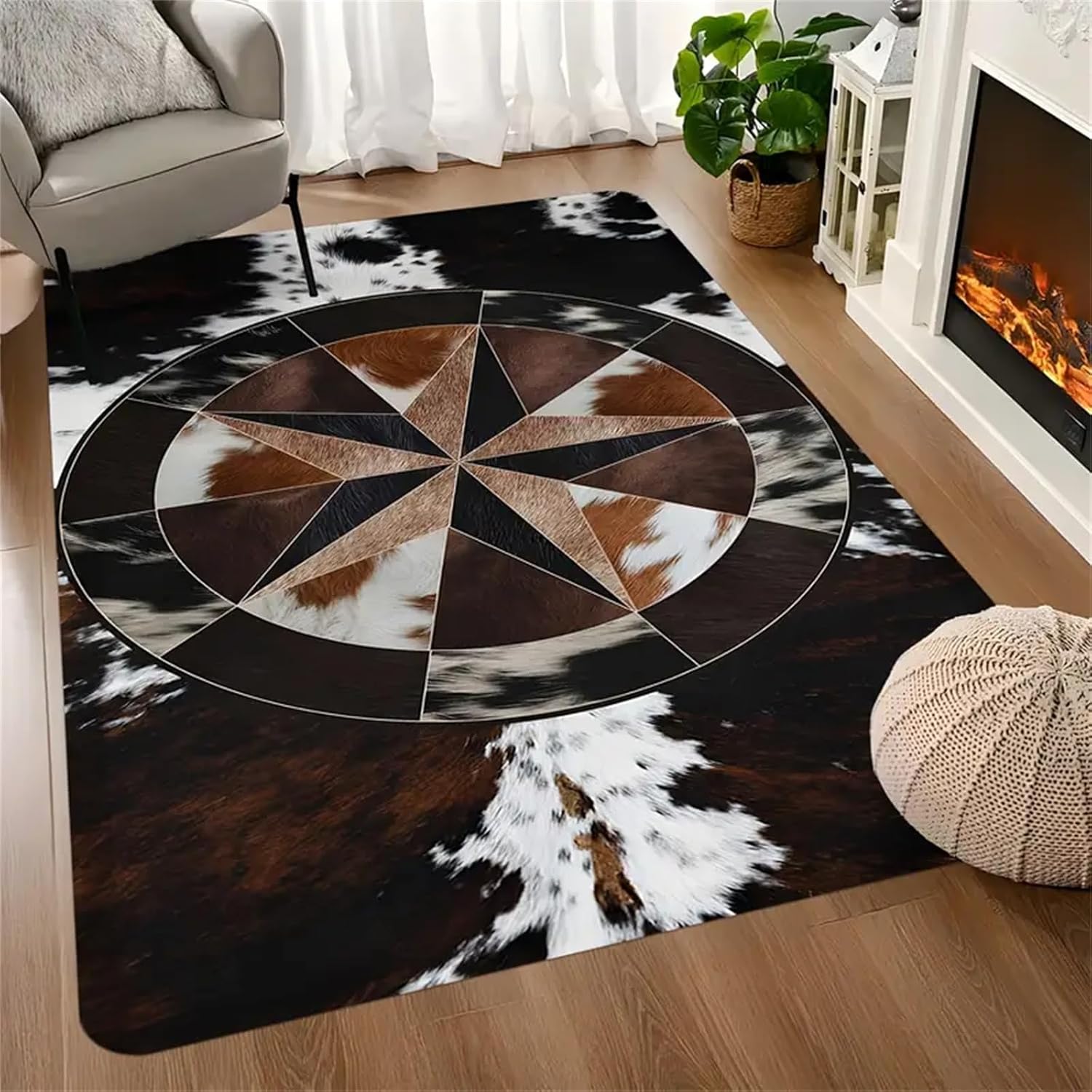 Western Texas Star Carpet,3x5ft,Large Faux Fur Cow Hide Rug,Brown Pentagram Country Rugs,Retro Soft Non-Slip Pentagra Texas Western Area Rug,for Living Room Bedroom Rustic Farmhouse Carpet - Image 2