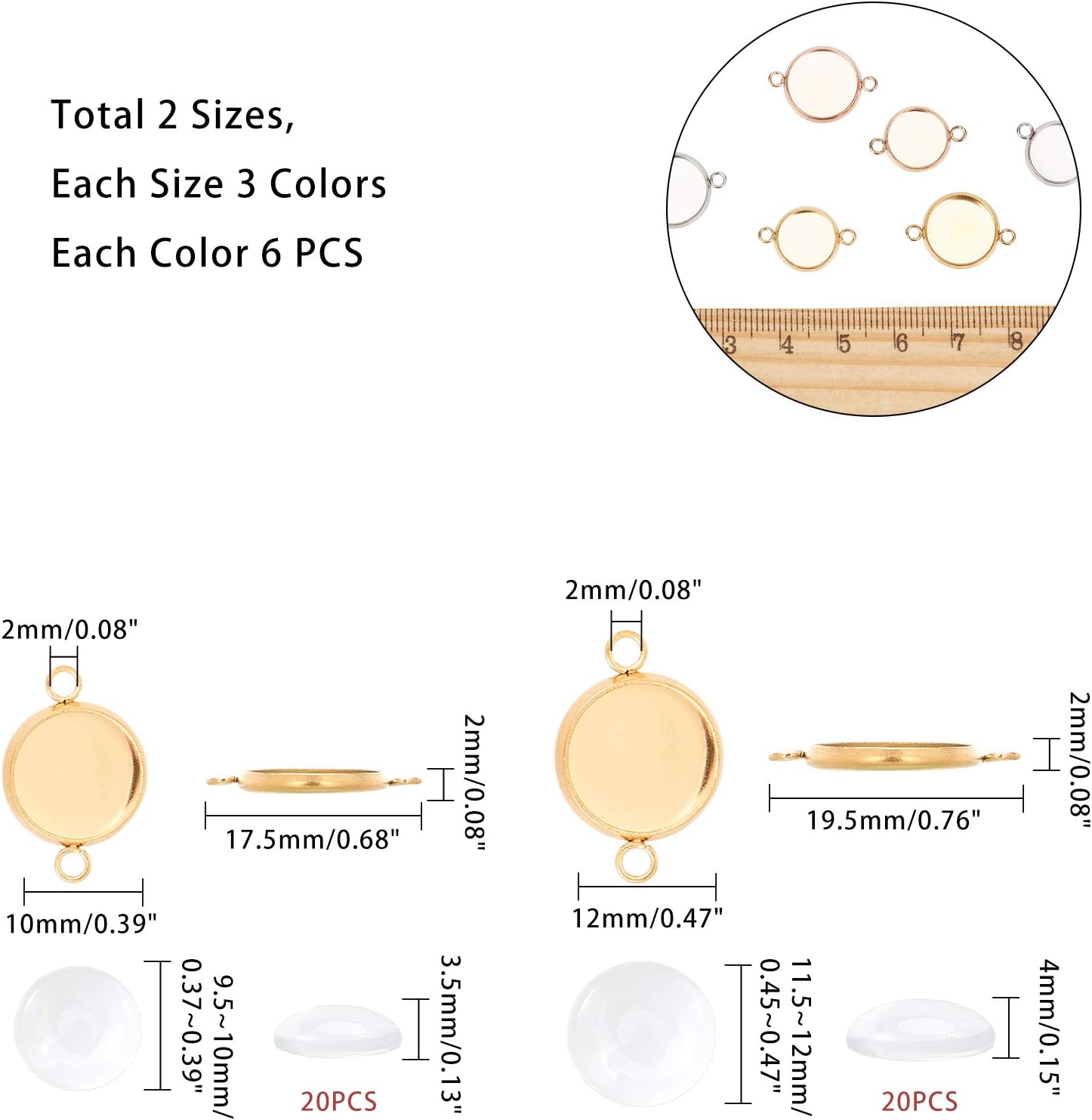 UNICRAFTALE about 36pcs 3 Colors 10mm/12mm Cabochon Pendant Bezel Trays with 40pcs Blank Cabochon Flat Round Tray Blanks Stainless Steel Cabochon Connectors Settings for Jewelry Making - Image 5