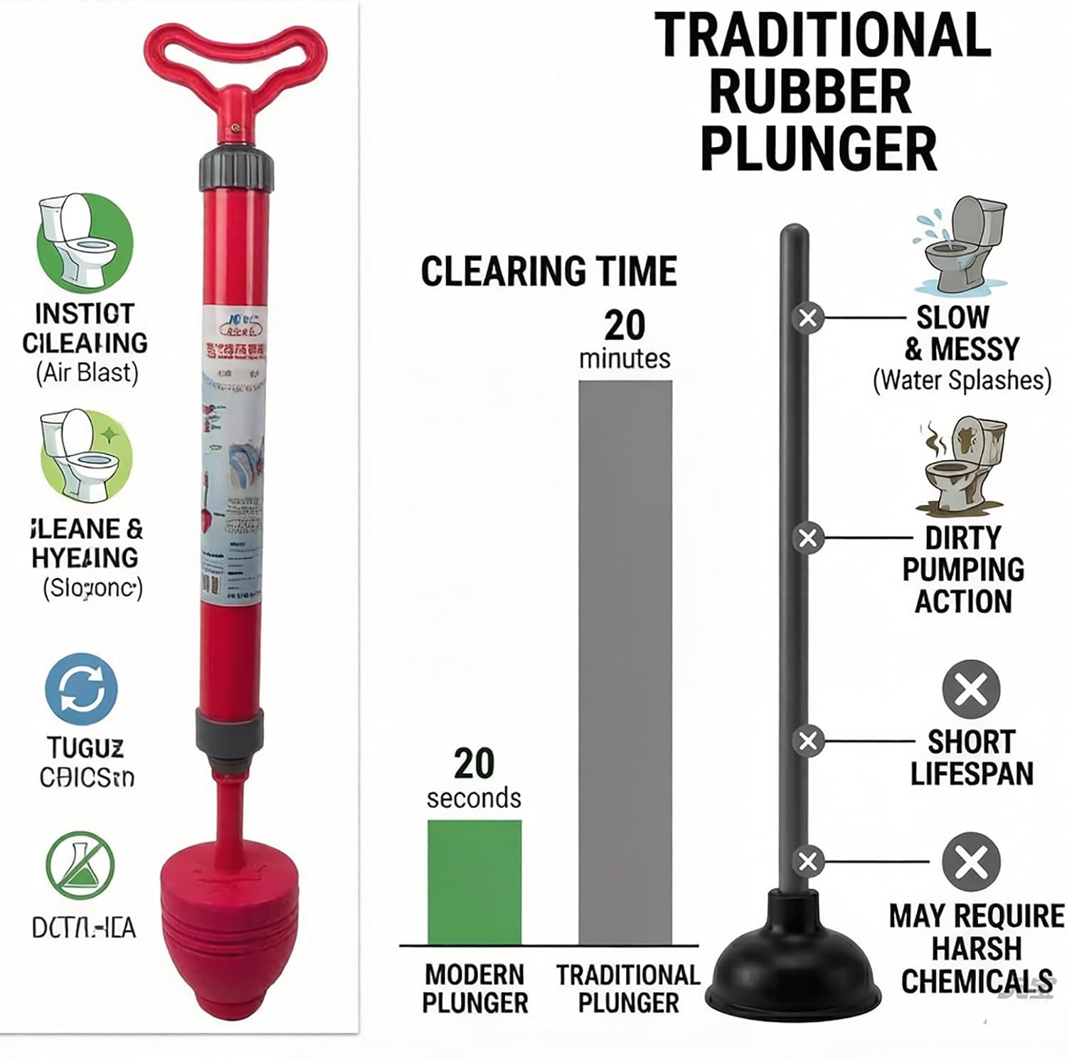 High Pressure Toilet Plunger,27.5" Heavy Duty Air Drain Blaster with 4" Suction Cup, Professional Manual Piston Toilet Unclogger Tool and Plumbing Snake Alternative for Bathroom Clogs