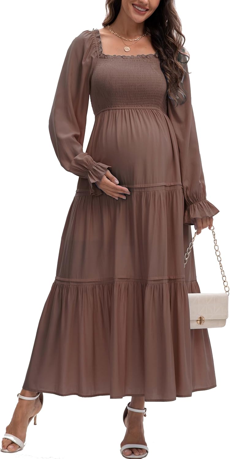 Women's Fall Long Sleeve Maternity Maxi Dress Flowy Tiered A Line Photoshoot Baby Shower Dress - Image 2