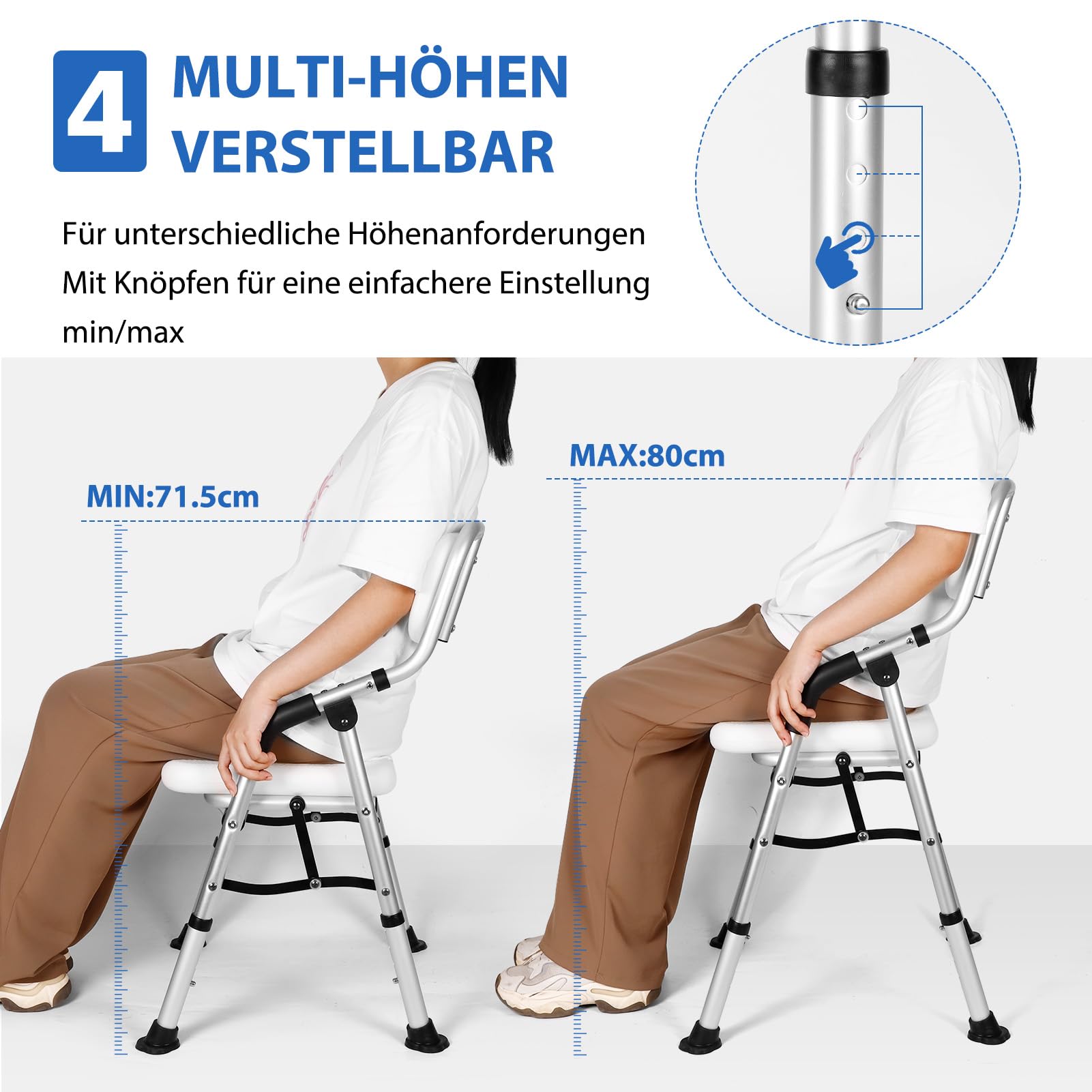 DEWEL Duschstuhl für Senioren, Duschstuhl Klappbar mit Rückenlehne und Armlehne, 4-Stufige Höhenverstellbarer, mit Duschbrausenhalter - Werkzeugfreie Montage, Tragfähigkeit von 150 kg (Grau)