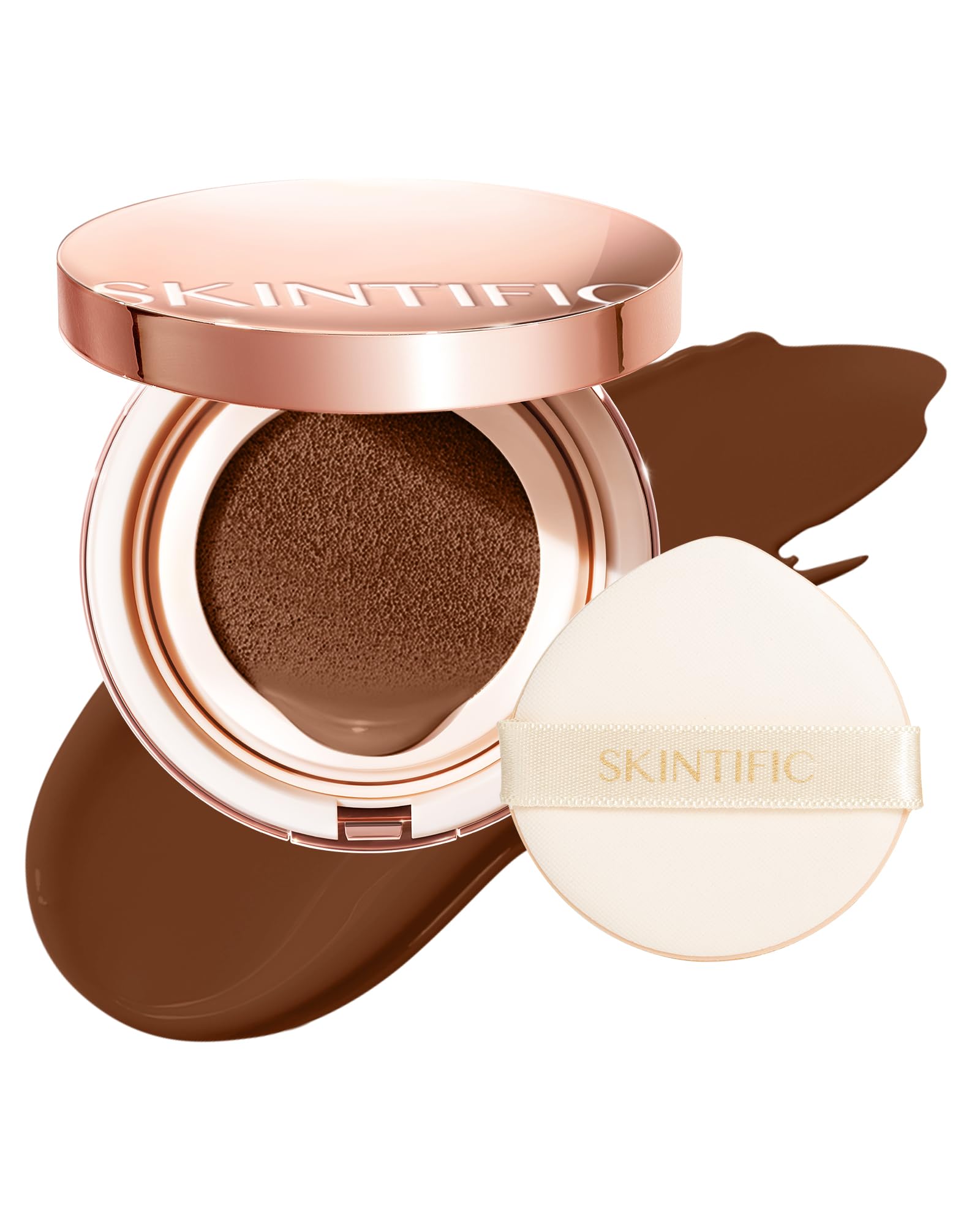SKINTIFIC Full Coverage Cushion Foundation #45N Saddle Brown| Satin Glow Finish, Oil-Control & Waterproof, Buildable Tattoo Cover Cushion for All Skin Types