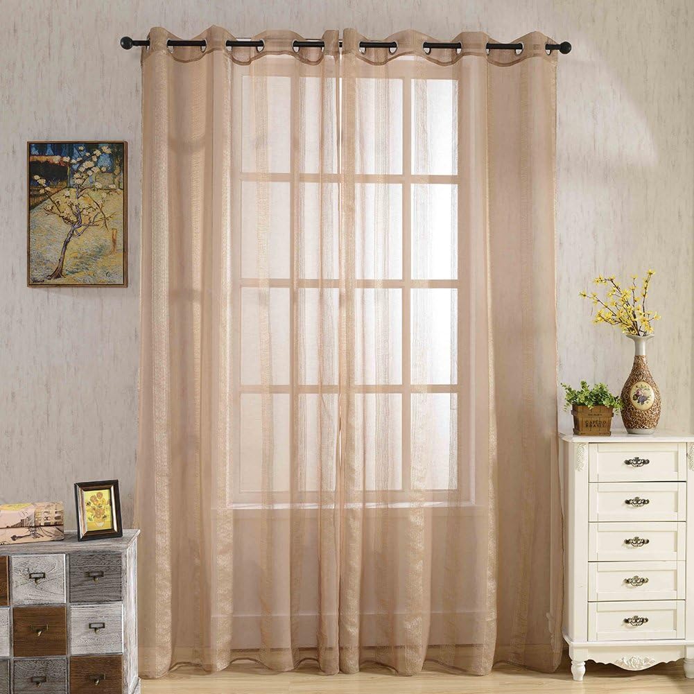 JIAN YA NA 2 Pieces Sheer Curtains,Solid Voile Window Treatment Drapes Grommet Curtain Panel for Nursery Room Bedroom Living Room Office (52x84 Inch, Coffee(Stripe))