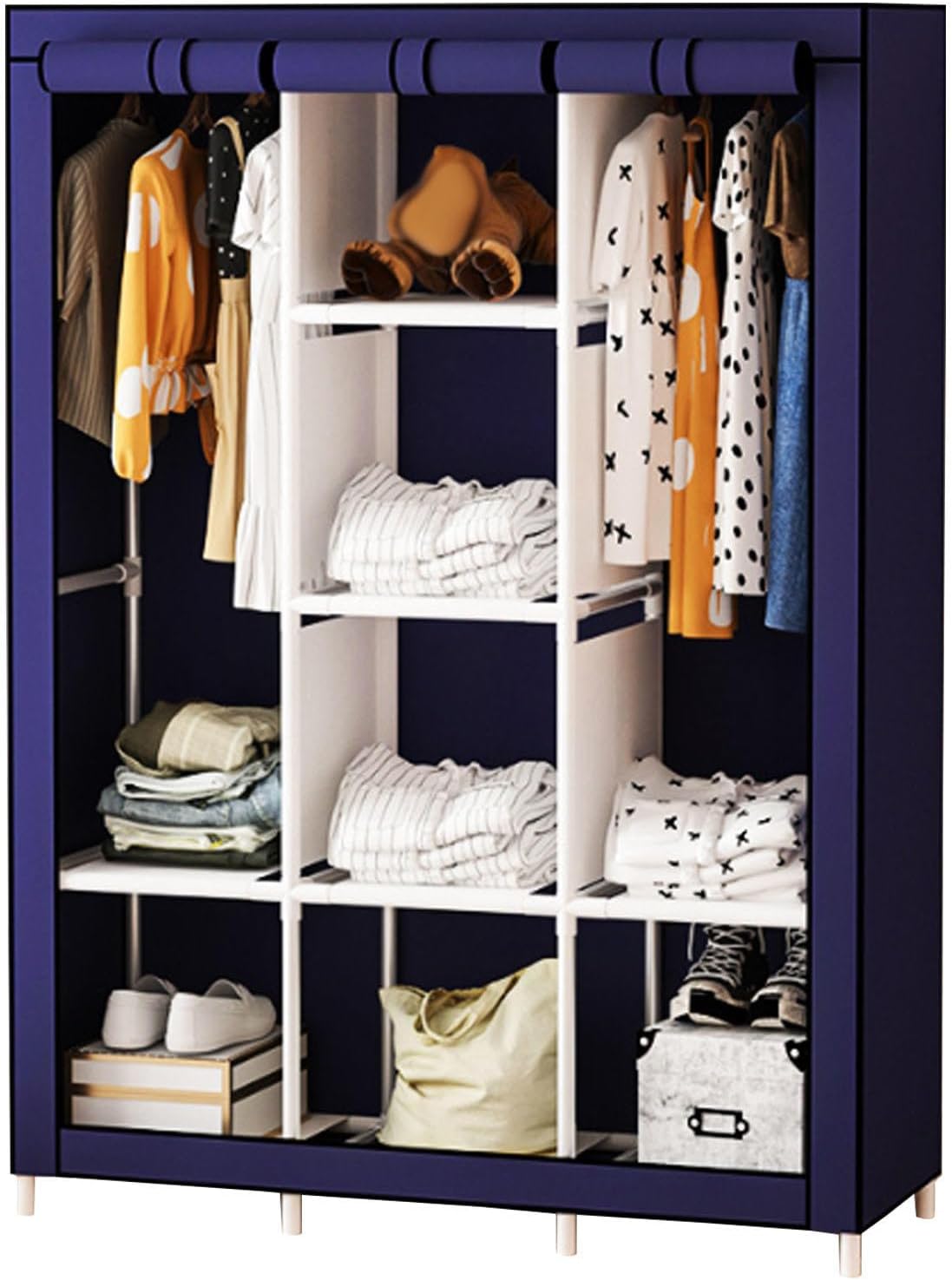 Portable Canvas Wardrobe with Hanging Rail and Shelves - Fabric Wardrobe for Bedroom, Portable Wardrobe Shelves - Organize Your Clothes Easily