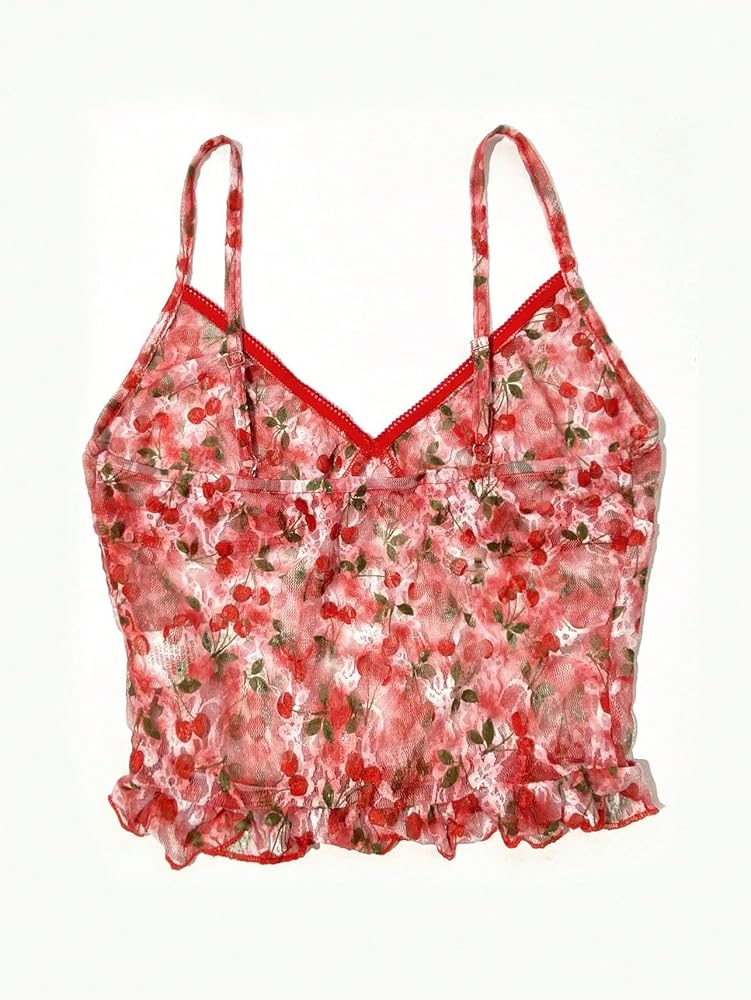MakeMeChic Women's Cherry Print Lace Sheer Cami V Neck Spaghetti MakeMeChic Women's Cherry Print Lace Sheer Cami V Neck Spaghetti