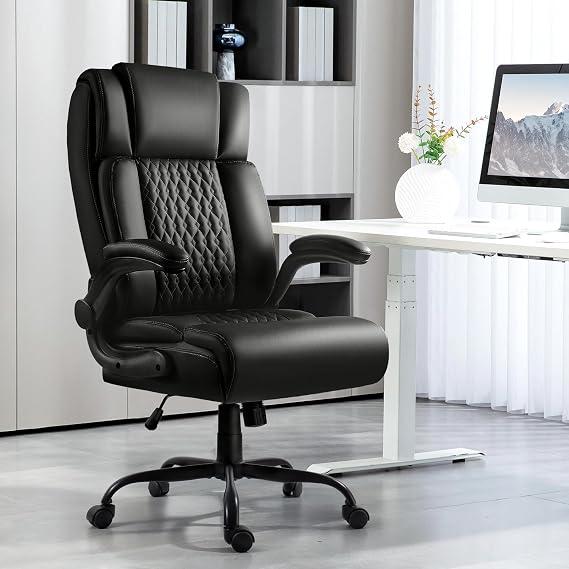 LEMBERI High Back Executive Office Chair for Adult, Big and Tall Leather Home Desk Chairs with Padded Flip-up Arms, Swivel Rolling Computer Gaming Chair (Black)