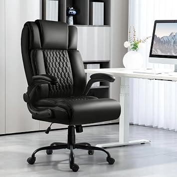 LEMBERI High Back Executive Office Chair for Adult, Big and Tall Leather Home Desk Chairs with Padded Flip-up Arms, Swivel Rolling Computer Gaming Chair (Black)