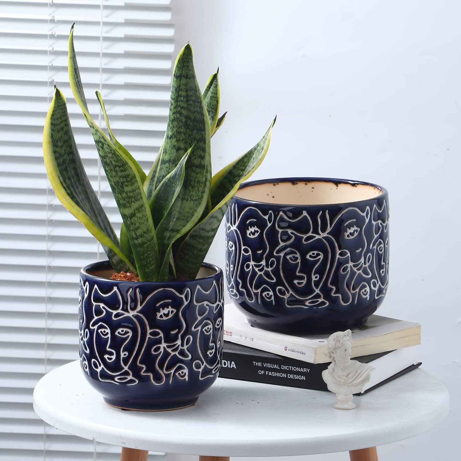 Gohearin Ceramic Indoor Planters with Drainage Hole 6.6 Inch and 5.4 Inch Plant Pots 2 Set Medium Cylinder Flower Pot with Modern Design for Cactus Succulent Garden Decoration Gift (Bule)